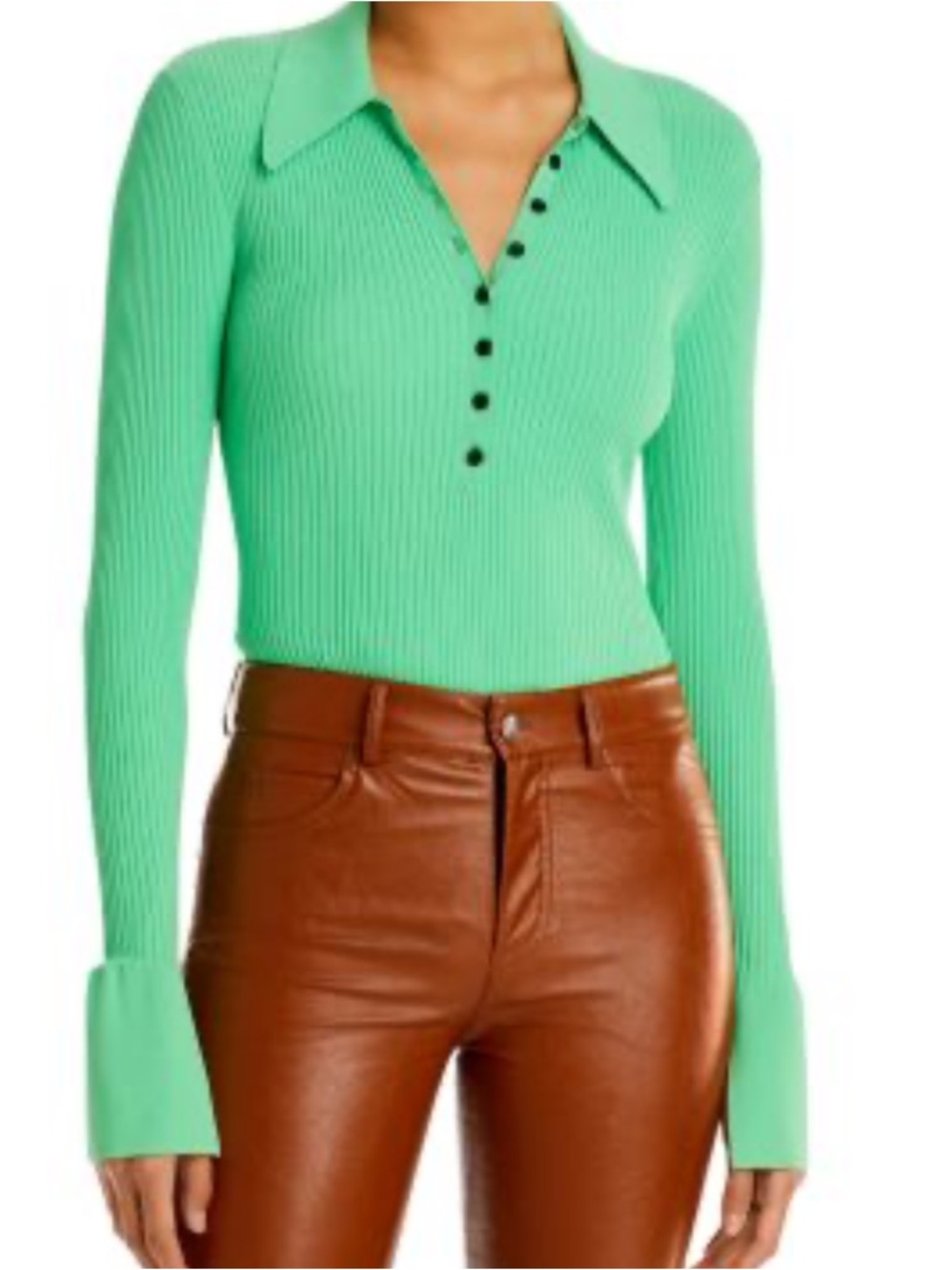 A.L.C. Mint Green Ribbed Long-Sleeve Polo Top